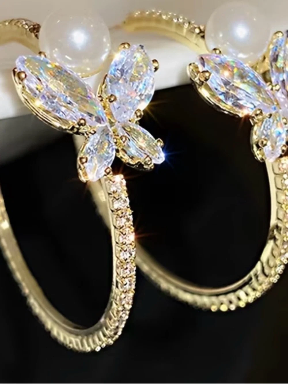 Elegant Gold Pearl & Crystal Butterfly Hoop Earrings
